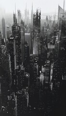 Capture a minimalist cityscape at dusk, emphasizing towering skyscrapers using stark contrasts in black ink on white canvas Depict the feeling of isolation in a bustling city through a birds-eye view