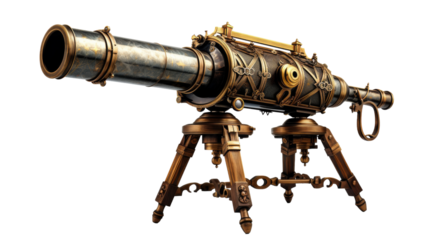 An ancient telescope, weathered with age, stands on a sturdy tripod under the open sky