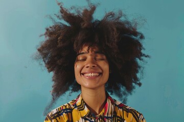 Happy young woman with afro hairstyle standing over one color background - generative ai