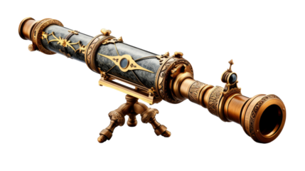 An antique telescope elegantly perched on a tripod, poised to explore the night sky