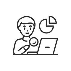 Analytics, linear icon. A person with a magnifying glass looks into a monitor with a chart. Line with editable stroke