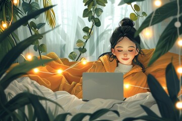 Asian young woman using laptop lying on bed in bedroom, freelancer, sick leave, remote work or study. Teenage girl studying online. Illustration in vector style