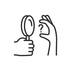 Exploring the question, linear icon. Magnifying glass and question mark in hand. Line with editable stroke