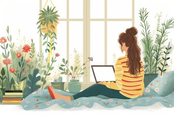 View from the back of a young woman using a laptop while sitting on the bed in the bedroom, freelancer, sick leave, remote work or study. Teenage girl studying online. Illustration in vector style