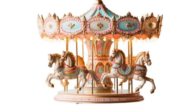 Colorful carousel horses spinning in a merry go round on a white background