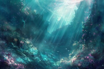 Capture the essence of an underwater fantasy by combining traditional painting techniques with abstract elements, showcasing a high-angle viewpoint to depict a dreamlike world teeming with imaginative - obrazy, fototapety, plakaty