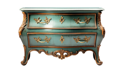 A green and gold chest of drawers stands out against a white background