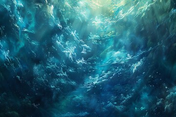 Fototapeta premium Capture the essence of an underwater fantasy by combining traditional painting techniques with abstract elements, showcasing a high-angle viewpoint to depict a dreamlike world teeming with imaginative