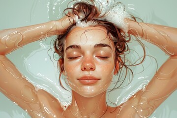 A young beautiful woman with closed eyes lathers her hair with shampoo.