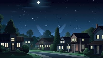 Fototapeta premium Serene Suburban Nighttime Illustration