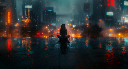 Obraz premium A contemplative person seated alone, rain cascading down, creating a mirror-like sheen on the ground under the melancholic city lights