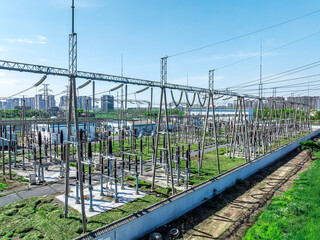 Substation power plant and natural landscape, green energy