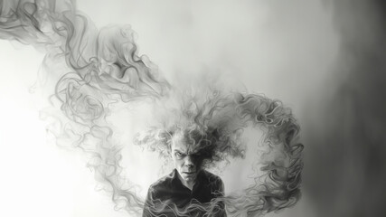 Graphite drawing of an enraged character's face, with curls of steam venting from his head in an expressionistic portrayal of anger