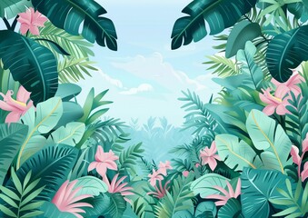 Lush Tropical Jungle Background with Exotic Flowers and Palm Leaves