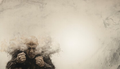 Graphite drawing of an individual clenching his fists in rage, with visible puffs of steam emitting from his head, alluding to extreme anger