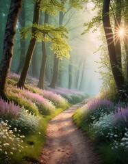 A path through a forest with wildflowers and trees. The flowers are pink and white. The path is lined with trees and the sky is blue.