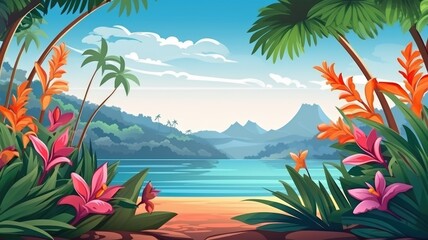 Fototapeta na wymiar Tropical Paradise Beach with Lush Foliage