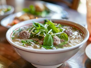 Beef Pho Noodle Soup Close-Up Vietnamese Food Dining Dinner Blurred Background Image	
