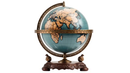 A stunning blue and gold globe perched atop a rustic wooden stand