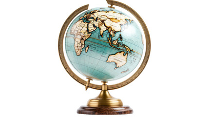 A blue and gold globe stands proudly on a wooden base, showcasing the beauty of the world