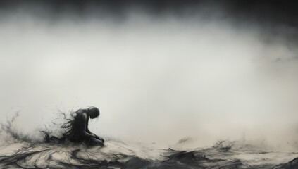 Minimalist graphite style: A figure grappling with a swirling maelstrom of scribbles and words radiating from their mind, signifying intense concentration