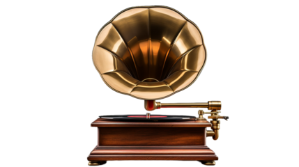 An antique record player with a gleaming golden horn, emitting nostalgic tunes