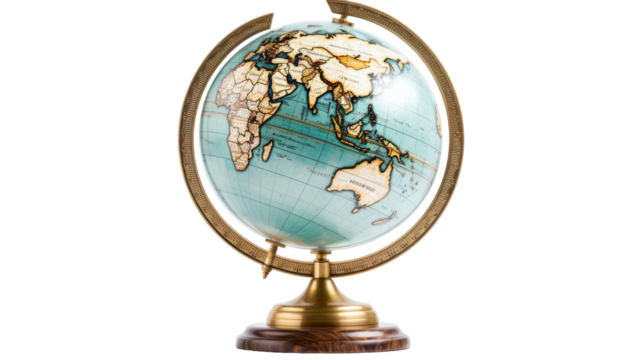 A blue and gold globe stands proudly on a wooden base, showcasing the beauty of the world
