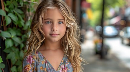 Naklejka premium Beautiful blonde 12 year teen girl model, outdoors on a city sidewalk