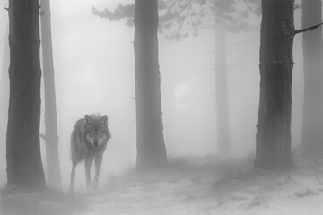 Capture the eerie elegance of a lone wolf prowling through a mist-covered forest, its piercing eyes reflecting mystery and danger, invoking fear and fascination