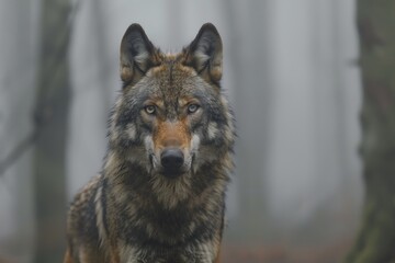 Capture the eerie elegance of a lone wolf prowling through a mist-covered forest, its piercing eyes reflecting mystery and danger, invoking fear and fascination