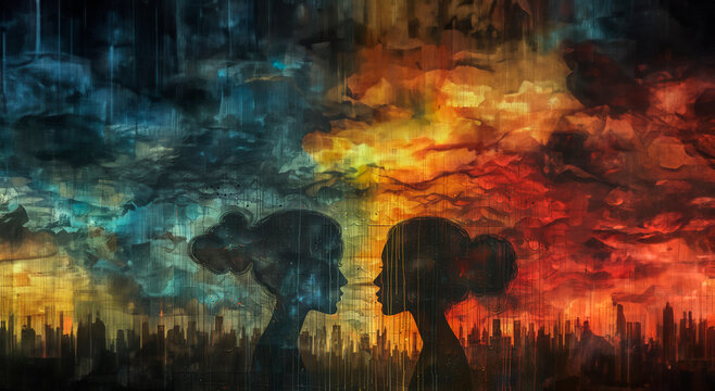 Minimalist Modern Graphic Style: Silhouettes of two profiles facing each other, one filled with storm clouds and rain, the other showcasing a vibrant rainbow