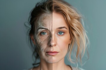 Split, comparison, transformation, youth preservation, age stage portrait, old woman, young, generational, aging gracefully, life transition, aging process, to, crinkle line mature skincare transition