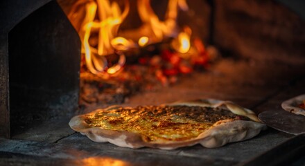 A pizzaiolo is making pizza in a wood fired oven