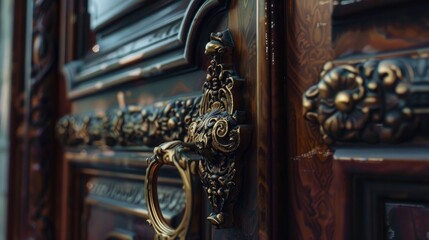 A close-up shot of a museum's intricate architectural element, such as a decorative window or ornamental door handle.