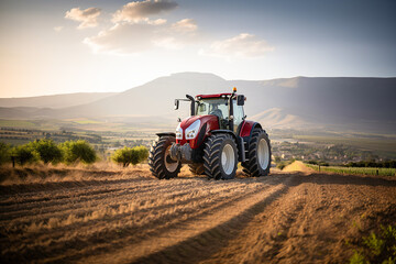 Red tractor ploughing the land in a vast rural area at sunset