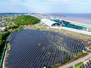 Aerial view of solar power plant in lake