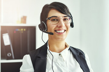 Professional, portrait or woman with headset in office for job, service agent or happy. Business...