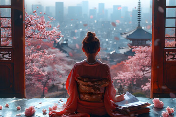 Girl in Kimono Reading on Balcony in Dreamlike Cityscapes