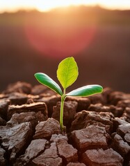 Plant growing in Drought - Hope in the Darkness - Concept of Positivity - Green Sprout popping up in a field of dried up Earth or Desert