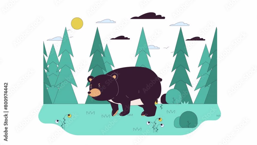 Poster bear running across forest line 2d character animation. wild fauna reserved area flat color cartoon 
