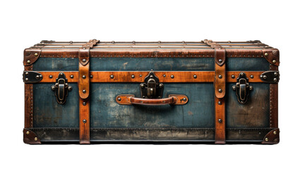 An antique trunk rests elegantly on a pristine white surface