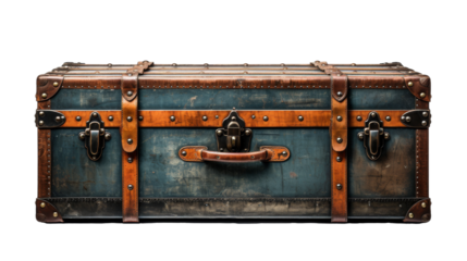 An antique trunk rests elegantly on a pristine white surface