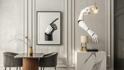 White male cyborg robotic hand pointing his finger to female human hand with stretched finger