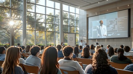 Educational Exchange in Modern Interior with Medical Professional and Engaged Audience