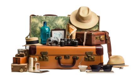 A colorful array of luggage sits in a neat pile, ready for a journey