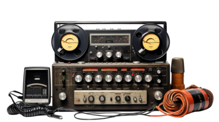 A vintage radio and various electronic gadgets, including headphones and a microphone, on a white background