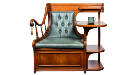 A wooden chair with a green leather seat stands in a sunlit room, casting a warm glow
