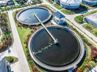 Aerial view of water plant purification tank in the city