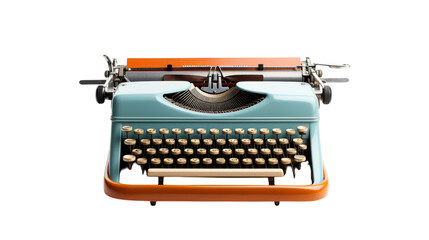 A colorful typewriter in blue and orange hues set against a crisp white background