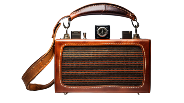 An old fashioned radio with a leather strap rests on a wooden table, evoking nostalgia and history